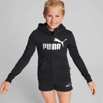 Felpa con cappuccio e zip nera da bambina Puma Essentials+ Logo, Abbigliamento Sport, SKU a751000019, Immagine 0